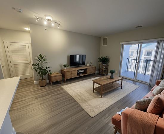A living room with a television, a couch, and a coffee table.