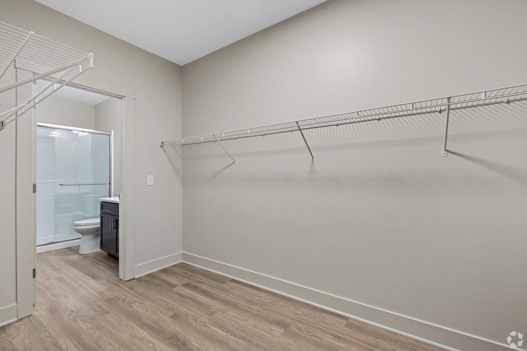 A room with a walk-in closet and a toilet in the corner.