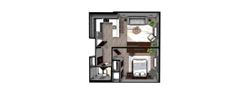 A 3D rendered image of a small apartment layout.