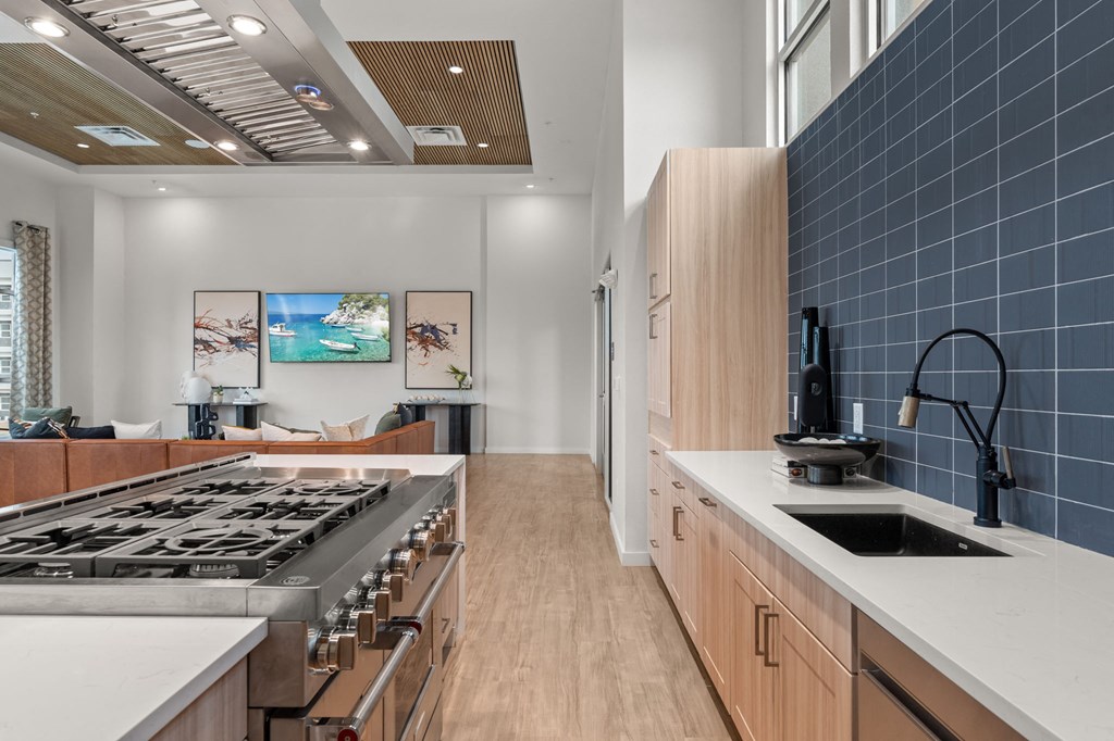 A modern kitchen with a stove top oven and a sink.