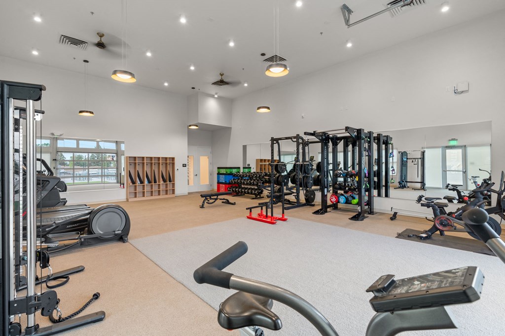 A gym with a variety of equipment including treadmills, weights, and exercise machines.