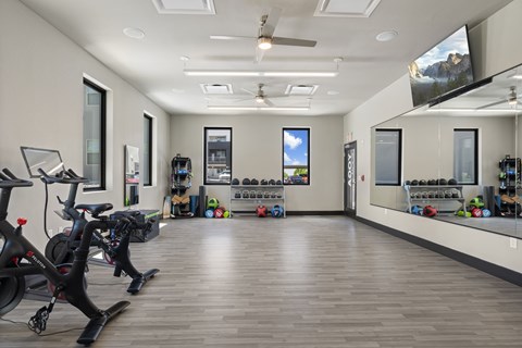 A spacious gym with exercise equipment and a television.