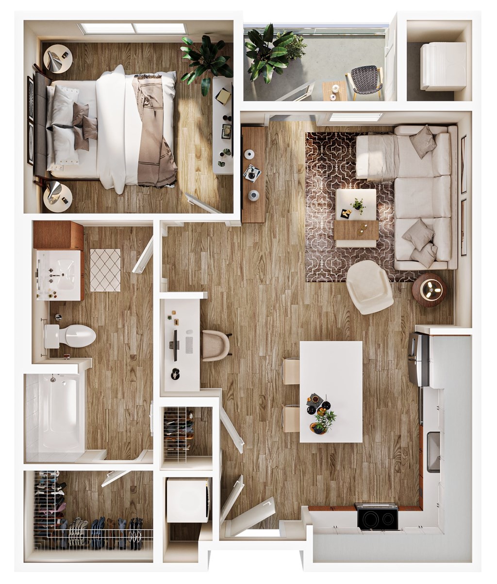 A series of images showing different parts of a small apartment.