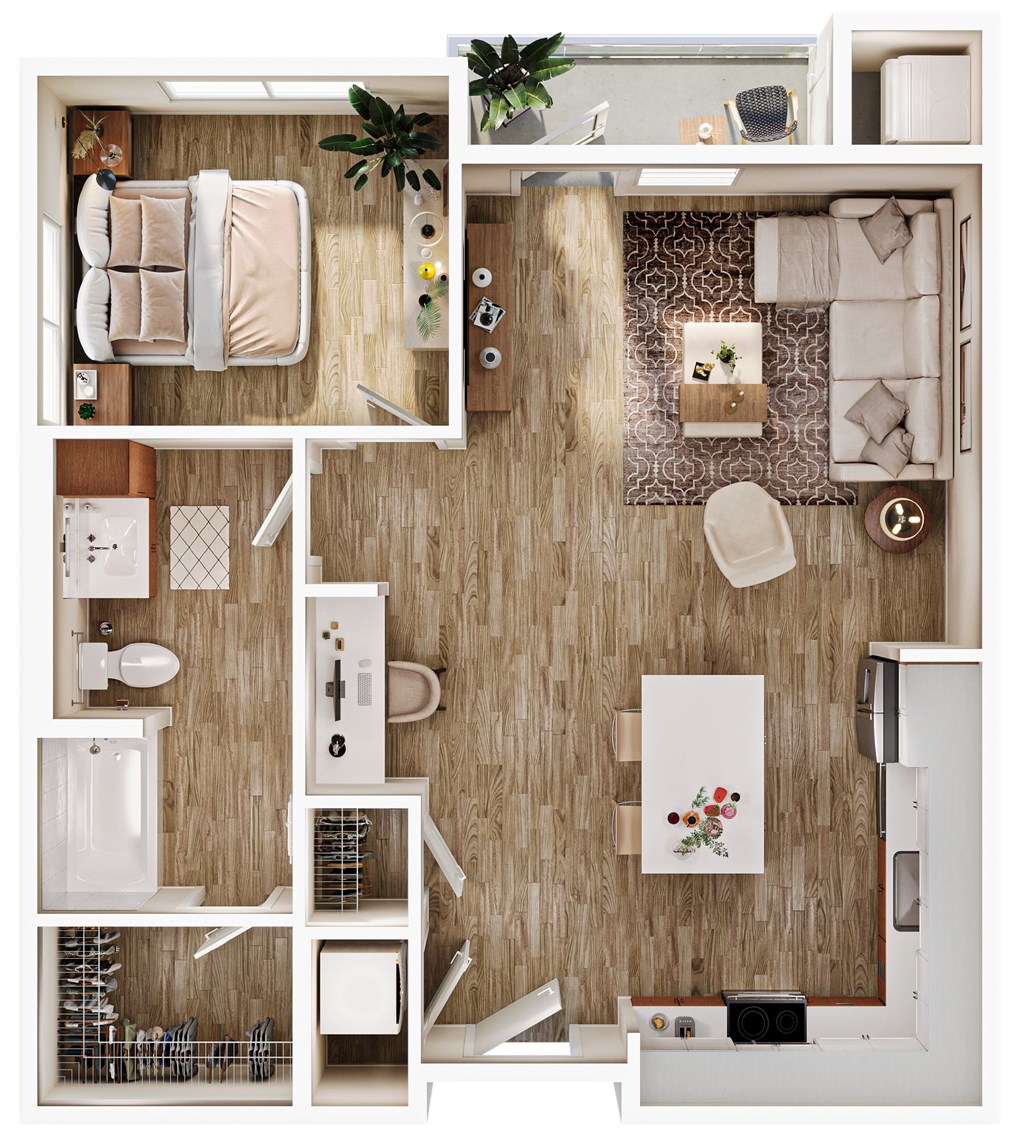 A top-down view of a small, neatly organized apartment with a bedroom, bathroom, and kitchen area.