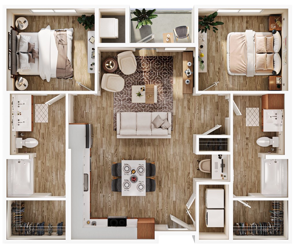 A top-down view of a well-organized, modern kitchen and living room.