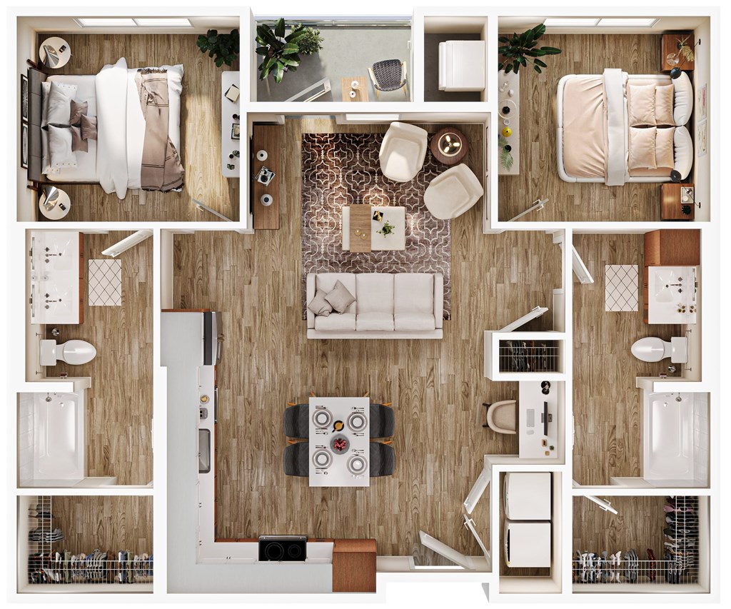 A top-down view of a small apartment with a kitchen, living room, and bathroom.