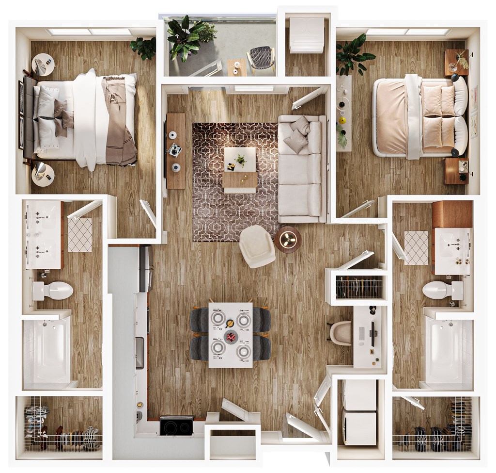 A top-down view of a well-organized, modern apartment with a kitchen, living room, and bedroom.