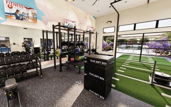 A gym with a variety of equipment including dumbbells, weight plates, and weightlifting machines.