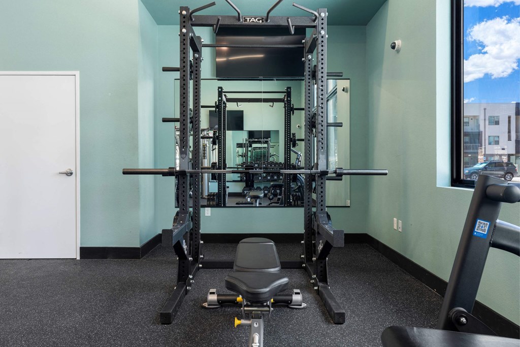 A gym room with a squat rack, bench, and weights.