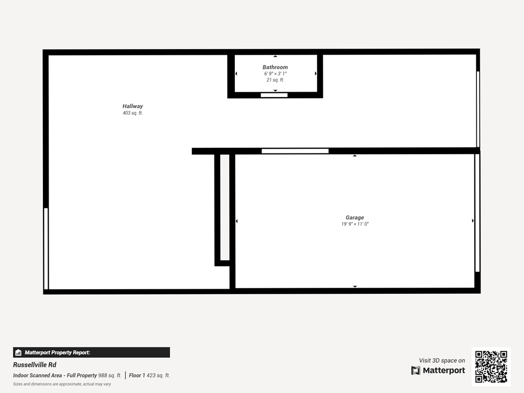 A floor plan of a property with a garage and a hallway.