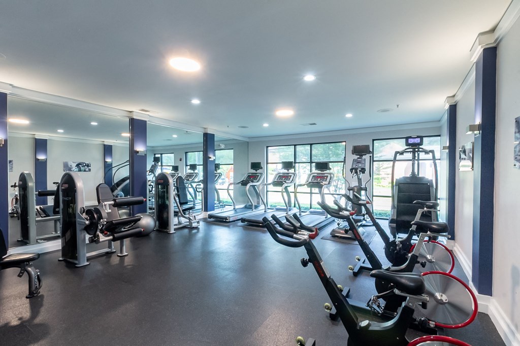 state of the art fitness center with cardio machines and weights at the belgard apartments