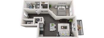 a bedroom with a bed and a desk in a small room