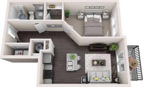 a bedroom with a bed and a desk in a small room