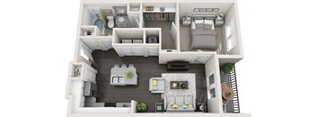 a floor plan of a 1 bedroom apartment with a fireplace and a balcony