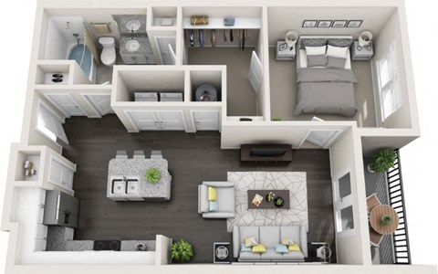 a floor plan of a 1 bedroom apartment with a fireplace and a balcony