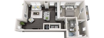 a floor plan of a one bedroom apartment with a living room and kitchen