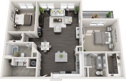 a floor plan of a two bedroom apartment with two bathrooms and a balcony