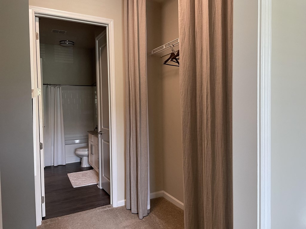 a bedroom with a closet and a toilet