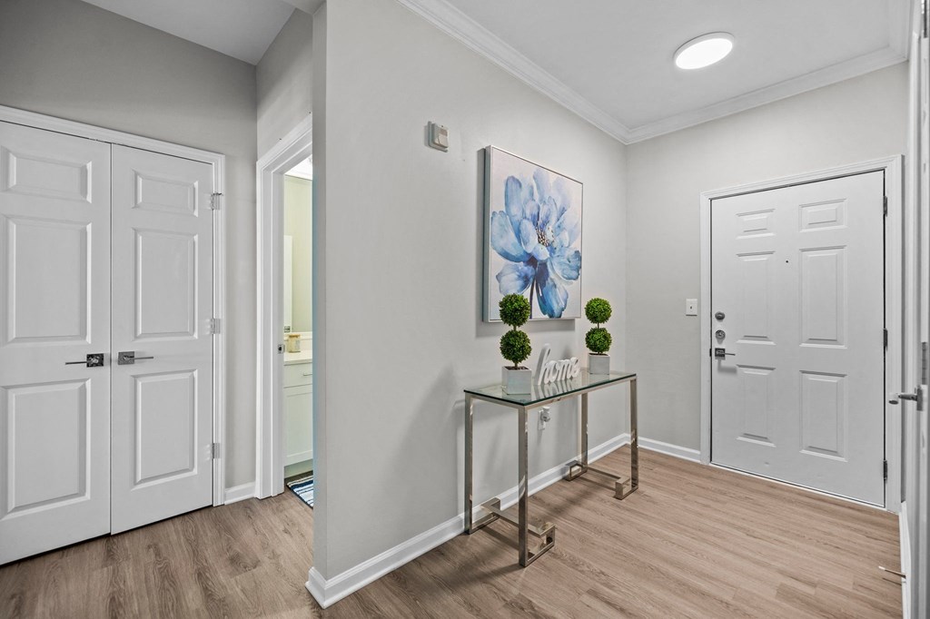 a hallway with white doors and a table with plants