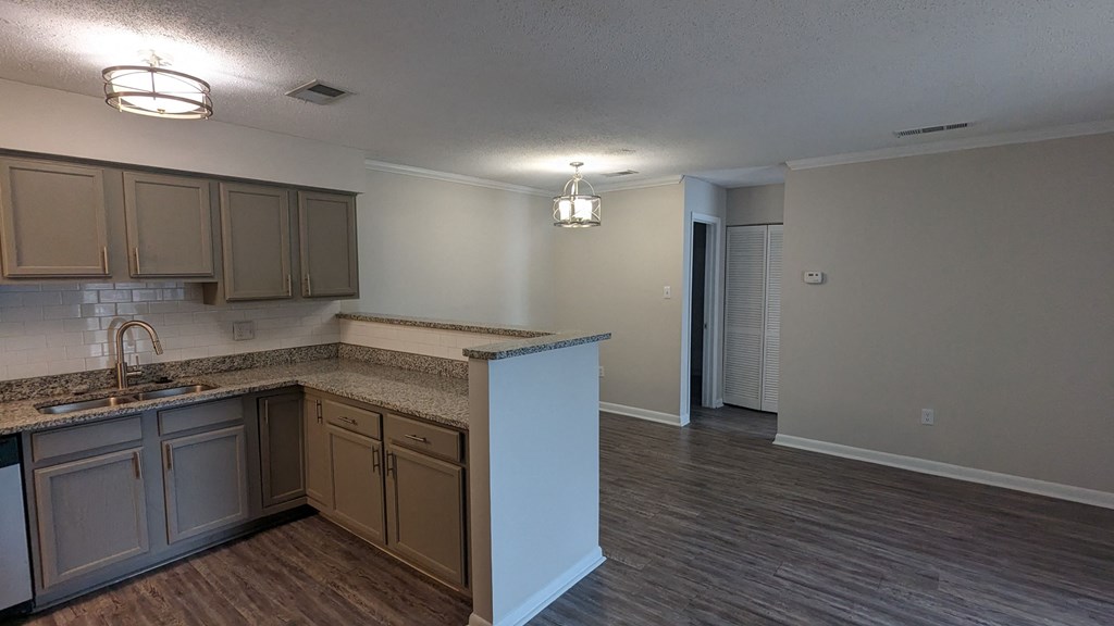a kitchen and living room in an apartment