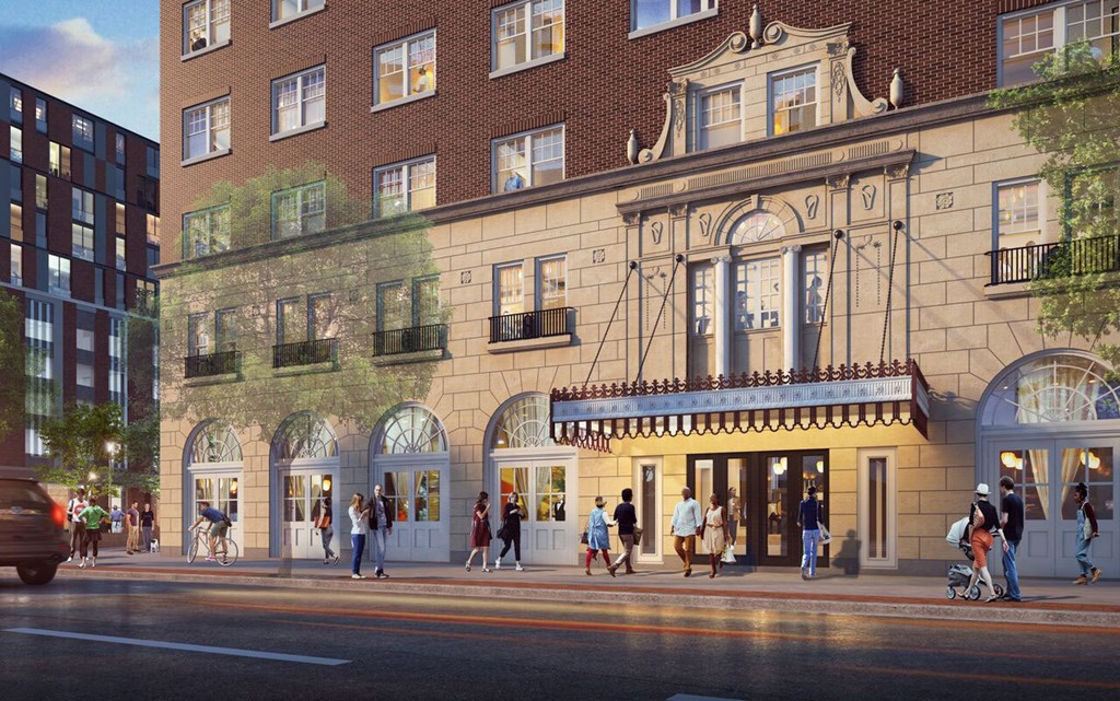 a rendering of a building with people walking on a street