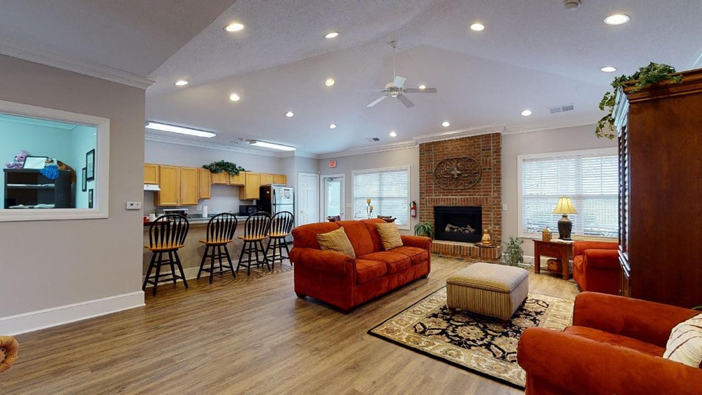 a living room with a couch and a fire place