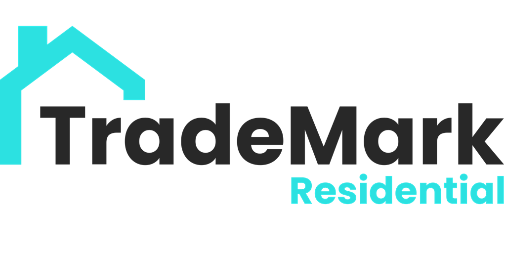 a green background with the word trademark residential with a blue house