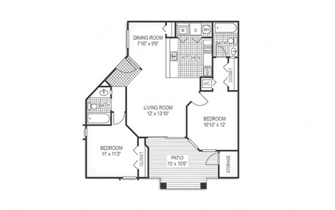 2 bedroom 2 bath floor planat River View, Carrboro, NC, 27510
