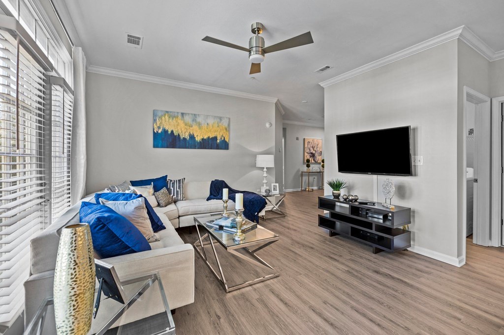 a living room with a couch and a tv