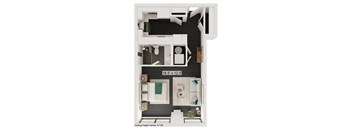 a floor plan of a studio apartment with a bedroom and a living room
