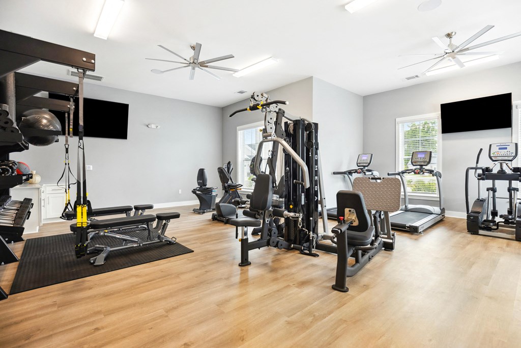 the gym is equipped with a variety of weights and cardio equipment