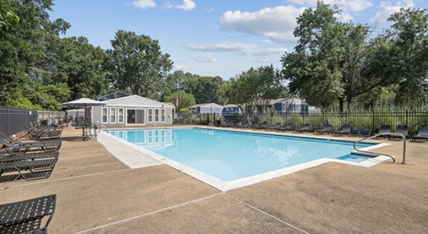 A large outdoor swimming pool surrounded by a fence and trees.