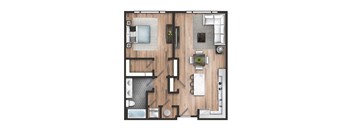 A top-down view of a house layout with a kitchen, living room, and bathrooms.