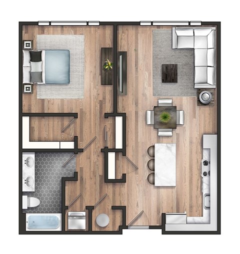 A top-down view of a house layout with a kitchen, living room, and bathrooms.