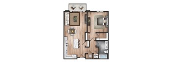 A top-down view of a house floor plan with a living room, kitchen, and bathroom.