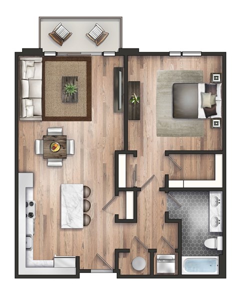 A top-down view of a house floor plan with a living room, kitchen, and bathroom.