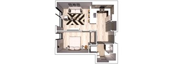 a floor plan of a bedroom with a bathroom and a living room