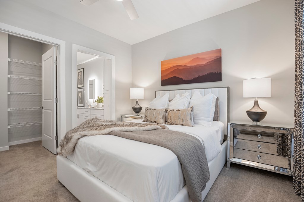 a bedroom with a bed and a closet