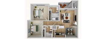 A floor plan of a small apartment with a kitchen, living room, and two bedrooms.