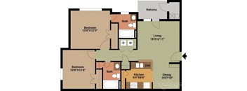 Apartment floor plan with two bedrooms, a living room, a kitchen, a dining area, and a balcony.