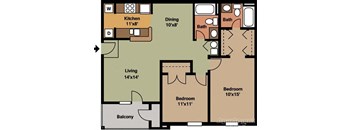 Apartment floor plan with kitchen, dining, living room, and two bedrooms.