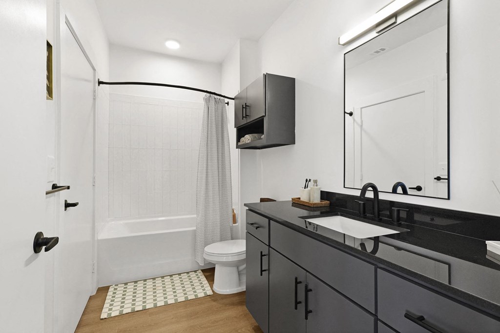 A bathroom with a white toilet, sink, and bathtub. at Terraces at High Mountain, Alabama, 35811