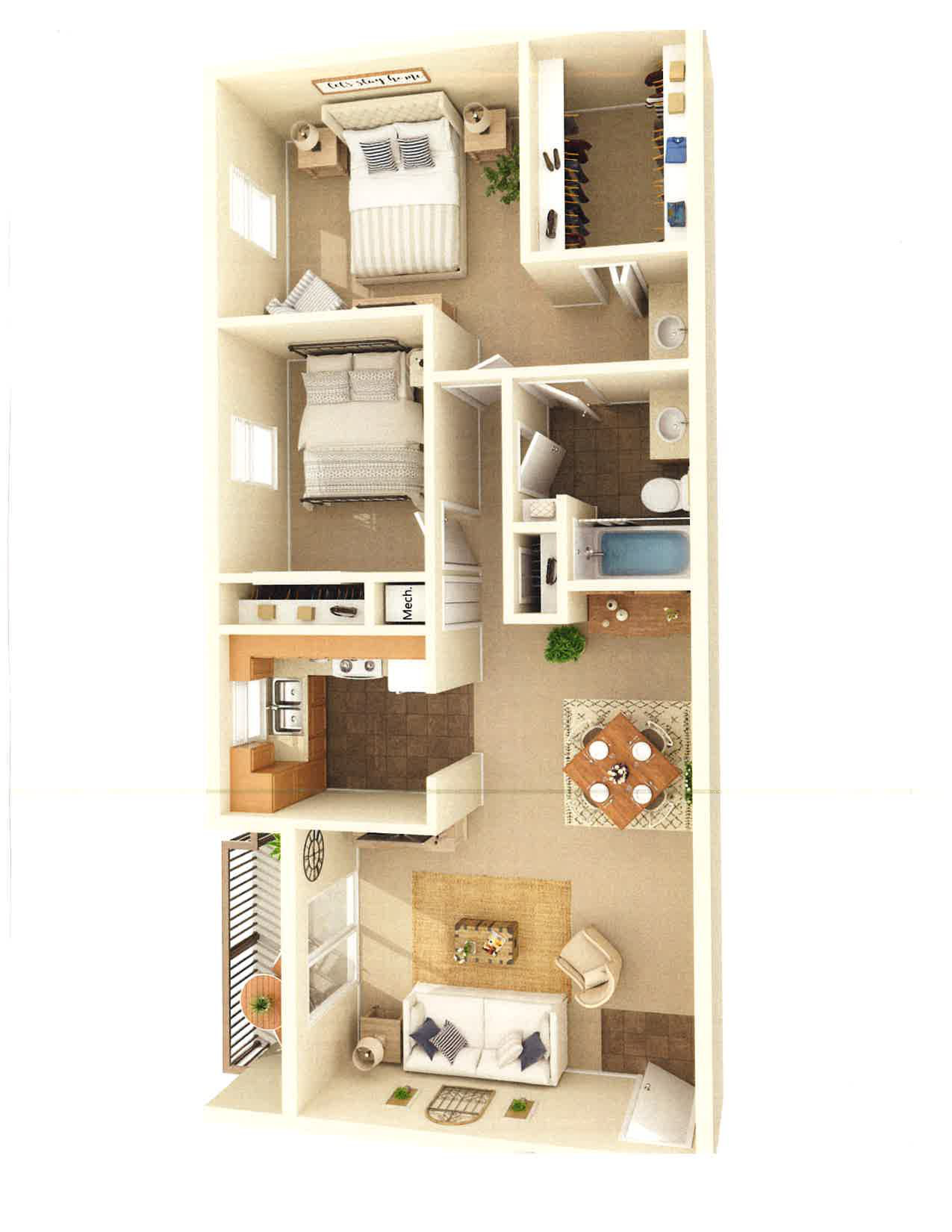 2 Beds 1 Bath Floor Plan | 1,028 Sq. Ft. at The Everett Apartments , Roanoke, VA, 24018