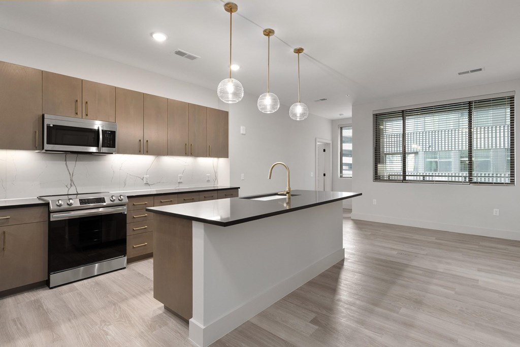 A modern kitchen with a black countertop and wooden cabinets.