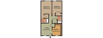 A floor plan of a room with two bedrooms, a living room, and a kitchen.