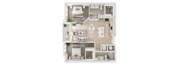 a floor plan of a 1 bedroom with 2 baths