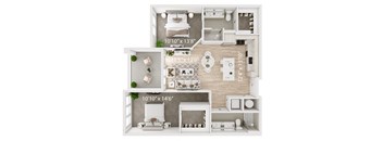 a 2 bedroom floor plan of a house with furniture and a fireplace