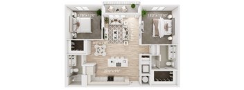 the aerial view of the 2 bedroom floor plan with furniture and a fireplace