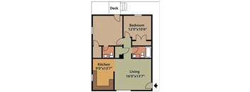 A floor plan of a house with a kitchen, living room, and bedroom.