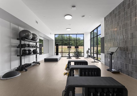 A gym with black and white equipment and a glass wall.